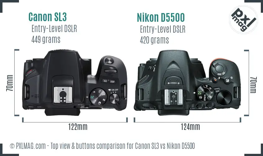 Canon SL3 vs Nikon D5500 top view buttons comparison