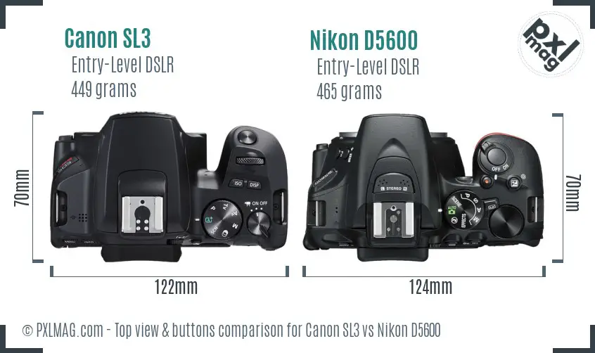 Canon SL3 vs Nikon D5600 top view buttons comparison