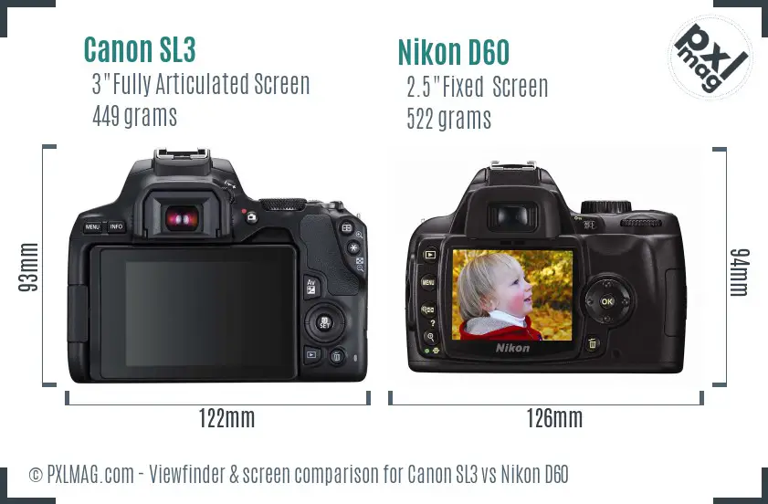 Canon SL3 vs Nikon D60 Screen and Viewfinder comparison