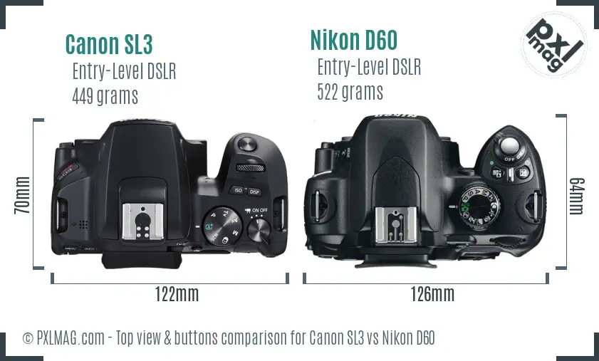 Canon SL3 vs Nikon D60 top view buttons comparison