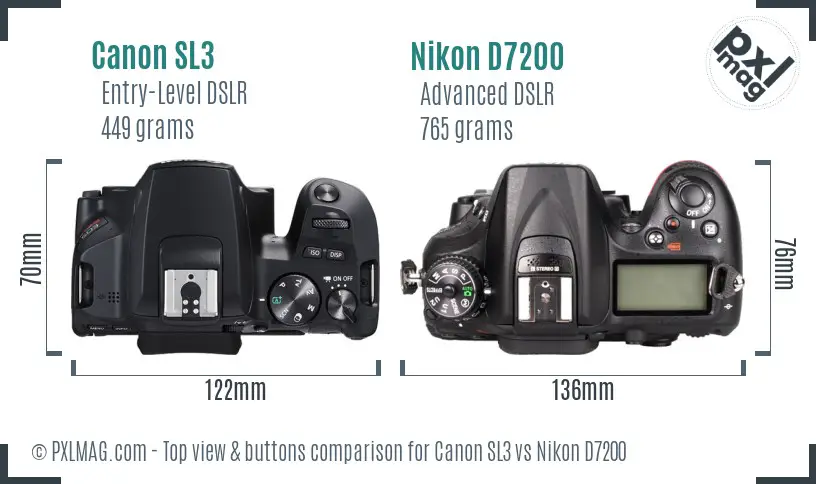 Canon SL3 vs Nikon D7200 top view buttons comparison Canon SL3 vs Nikon D7200 top view buttons comparison