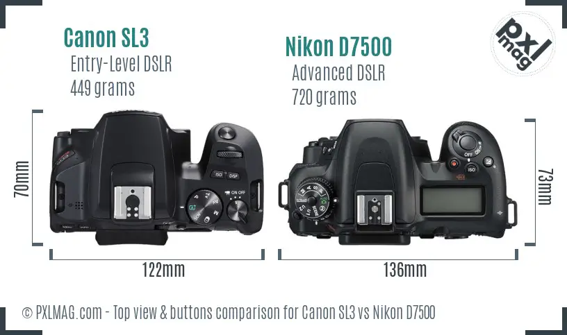 Canon SL3 vs Nikon D7500 top view buttons comparison