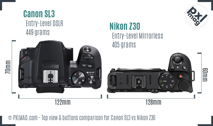 Canon SL3 vs Nikon Z30 top view buttons comparison
