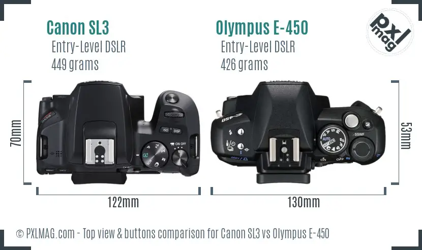 Canon SL3 vs Olympus E-450 top view buttons comparison