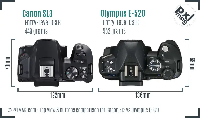 Canon SL3 vs Olympus E-520 top view buttons comparison