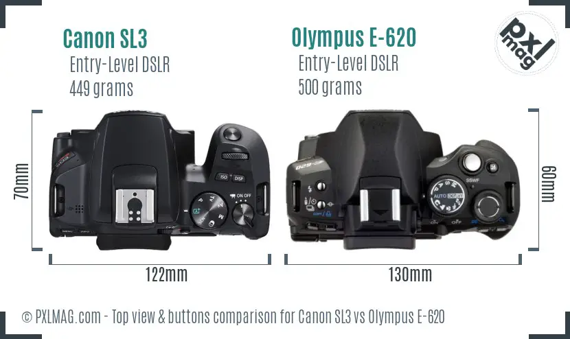 Canon SL3 vs Olympus E-620 top view buttons comparison