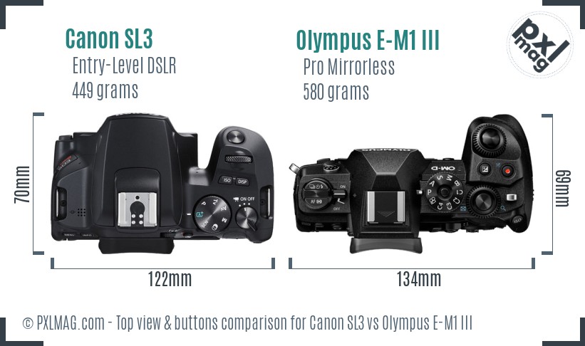 Canon SL3 vs Olympus E-M1 III top view buttons comparison