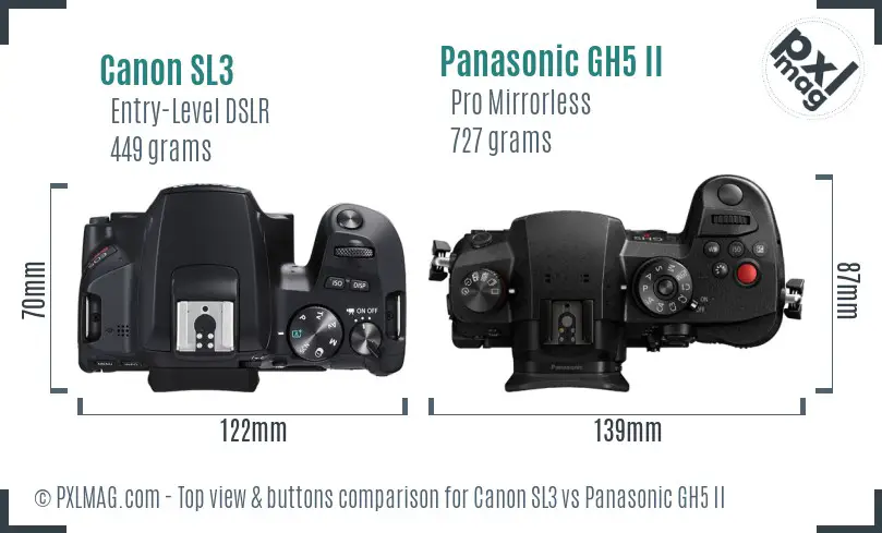 Canon SL3 vs Panasonic GH5 II top view buttons comparison Canon SL3 vs Panasonic GH5 II top view buttons comparison