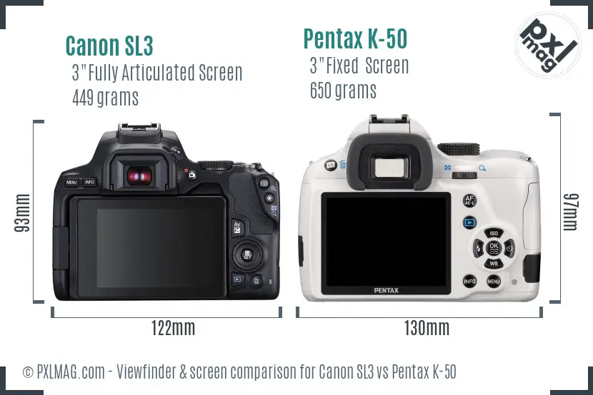 Canon SL3 vs Pentax K-50 Screen and Viewfinder comparison