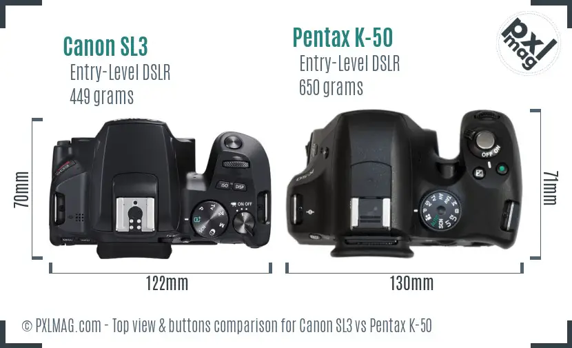 Canon SL3 vs Pentax K-50 top view buttons comparison
