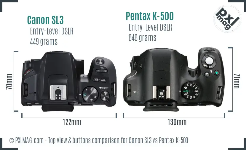 Canon SL3 vs Pentax K-500 top view buttons comparison