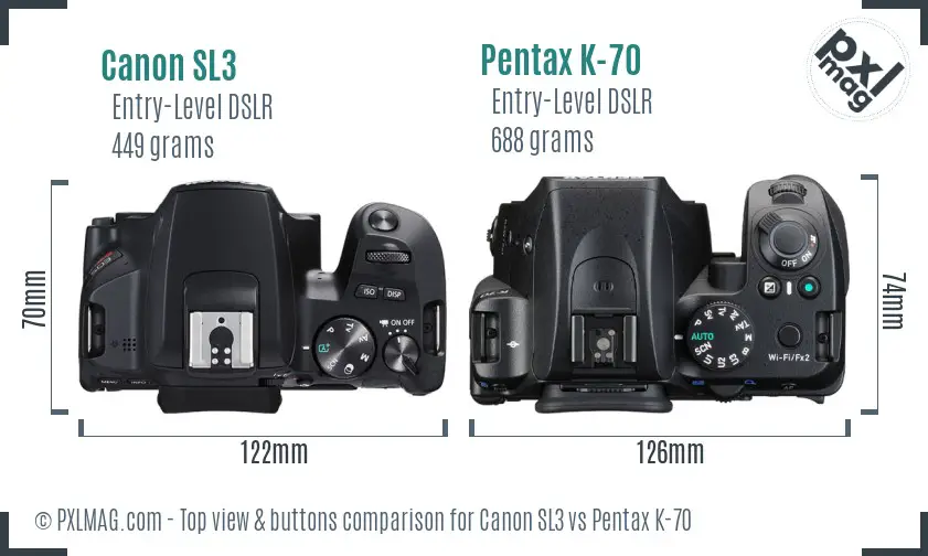 Canon SL3 vs Pentax K-70 top view buttons comparison