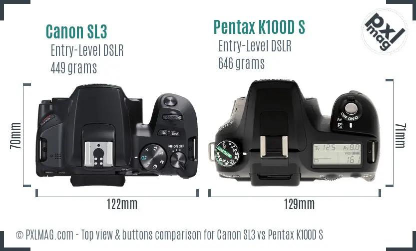 Canon SL3 vs Pentax K100D S top view buttons comparison