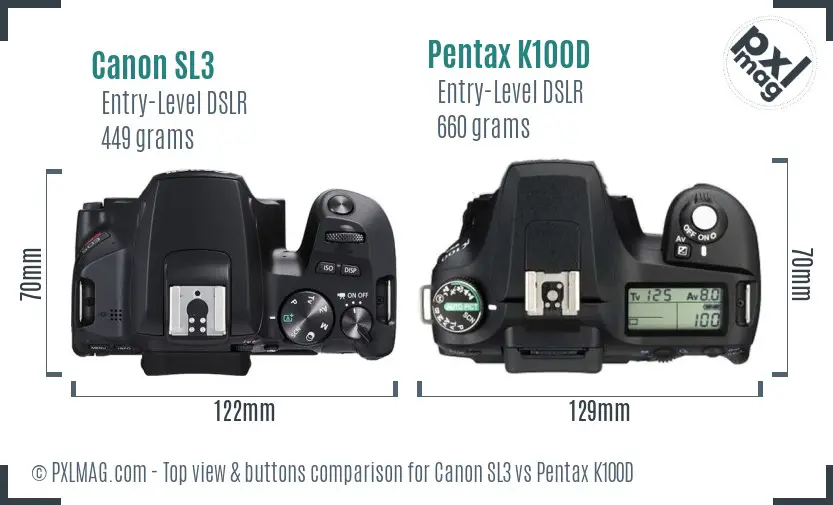 Canon SL3 vs Pentax K100D top view buttons comparison