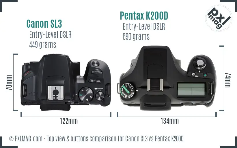 Canon SL3 vs Pentax K200D top view buttons comparison