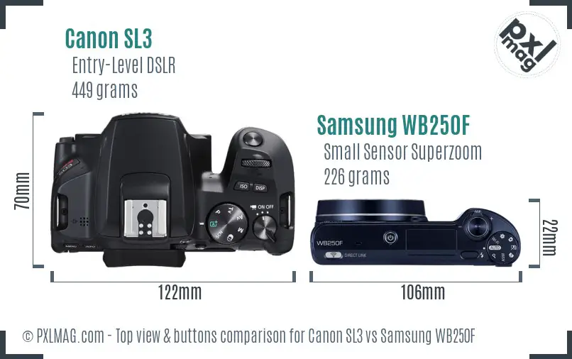 Canon SL3 vs Samsung WB250F top view buttons comparison