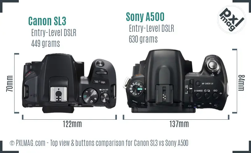 Canon SL3 vs Sony A500 top view buttons comparison