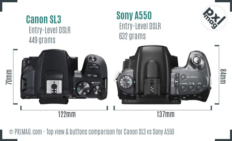 Canon SL3 vs Sony A550 top view buttons comparison