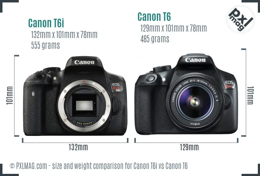 Canon T6i vs Canon T6 size comparison