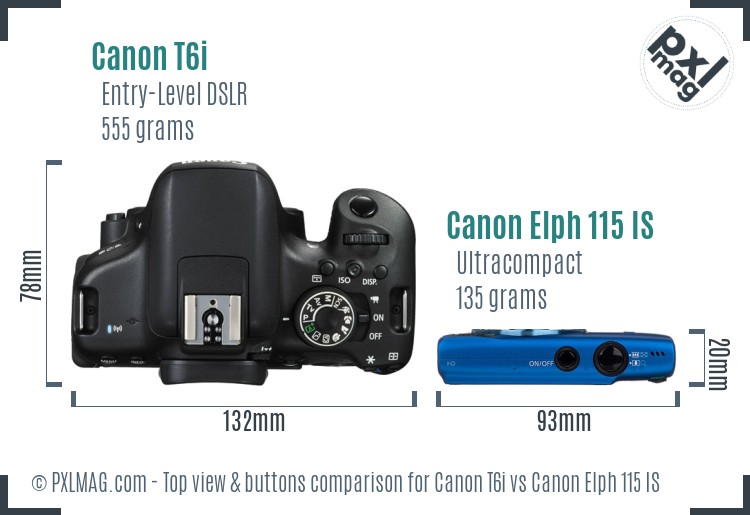 Canon T6i vs Canon Elph 115 IS top view buttons comparison