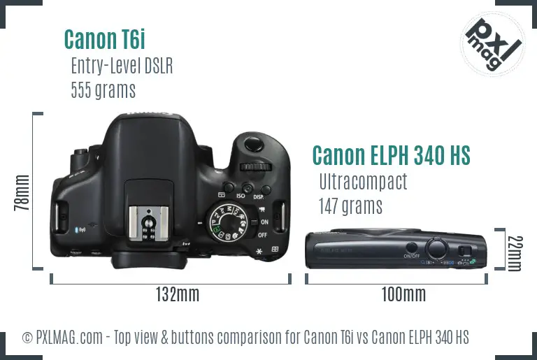 Canon T6i vs Canon ELPH 340 HS top view buttons comparison