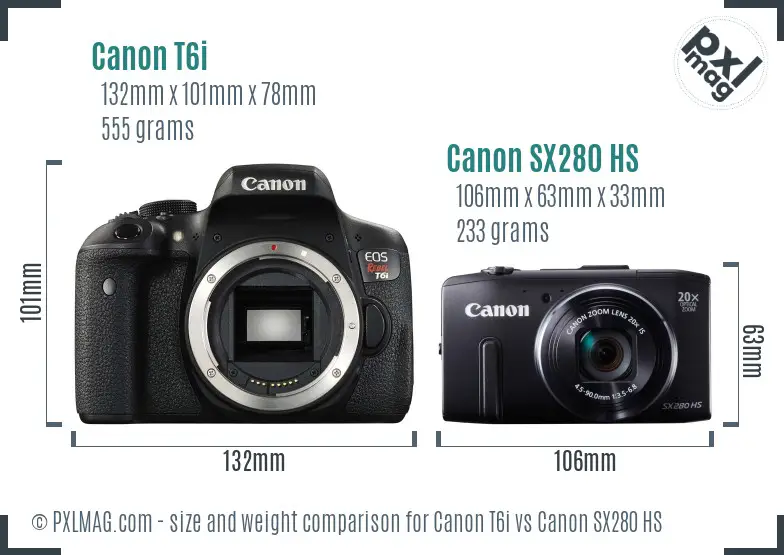 Canon T6i vs Canon SX280 HS size comparison Canon T6i vs Canon SX280 HS size comparison