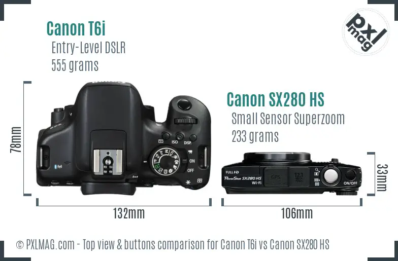 Canon T6i vs Canon SX280 HS top view buttons comparison