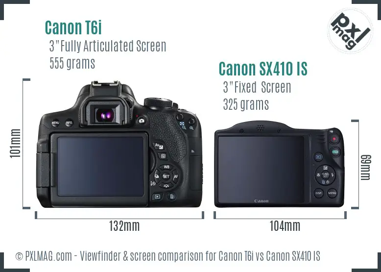 Canon T6i vs Canon SX410 IS Screen and Viewfinder comparison