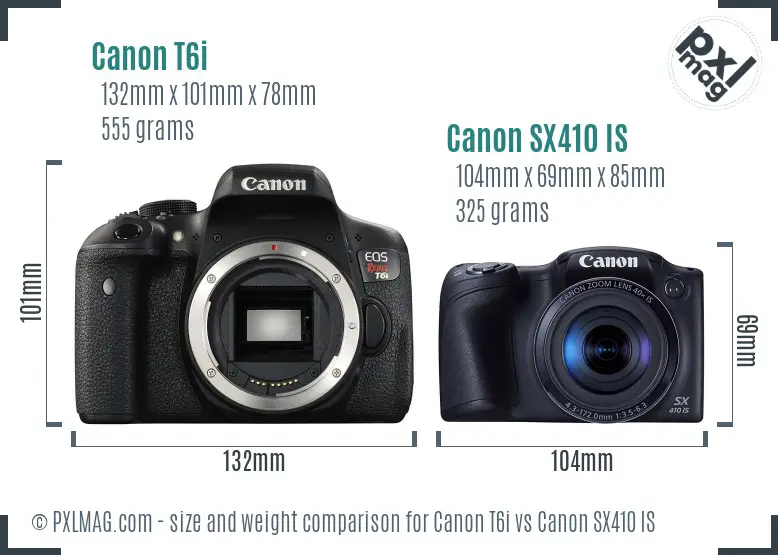 Canon T6i vs Canon SX410 IS size comparison