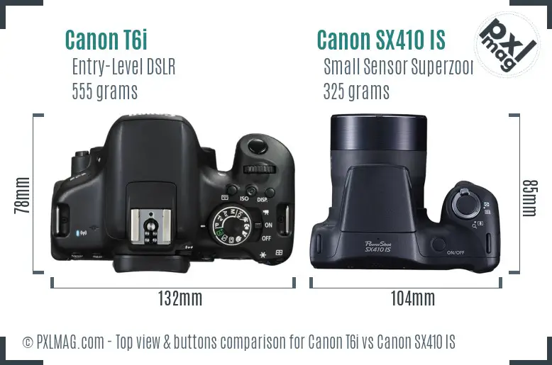 Canon T6i vs Canon SX410 IS top view buttons comparison