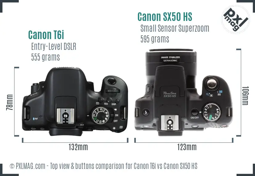 Canon T6i vs Canon SX50 HS top view buttons comparison Canon T6i vs Canon SX50 HS top view buttons comparison