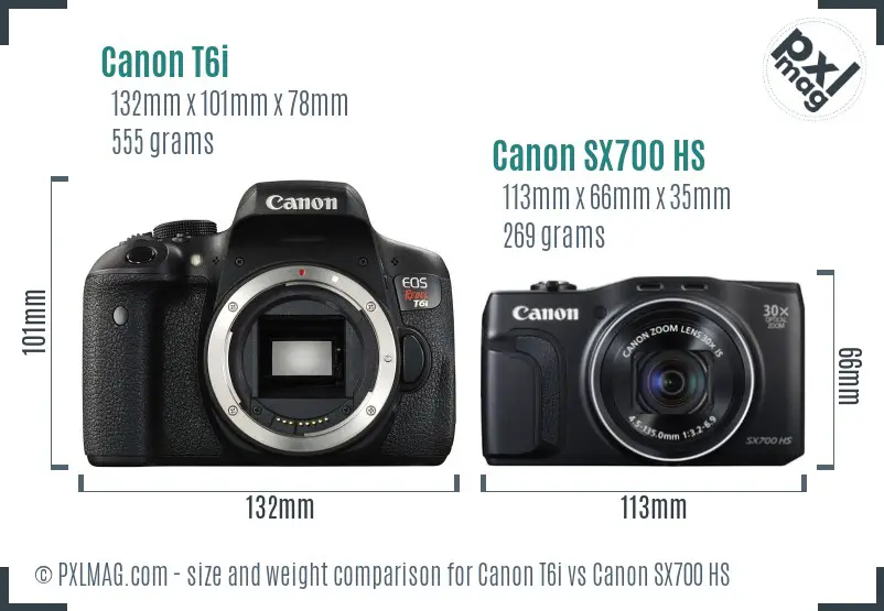 Canon T6i vs Canon SX700 HS size comparison
