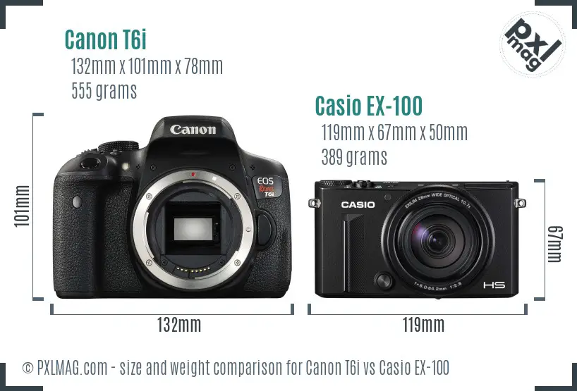 Canon T6i vs Casio EX-100 size comparison