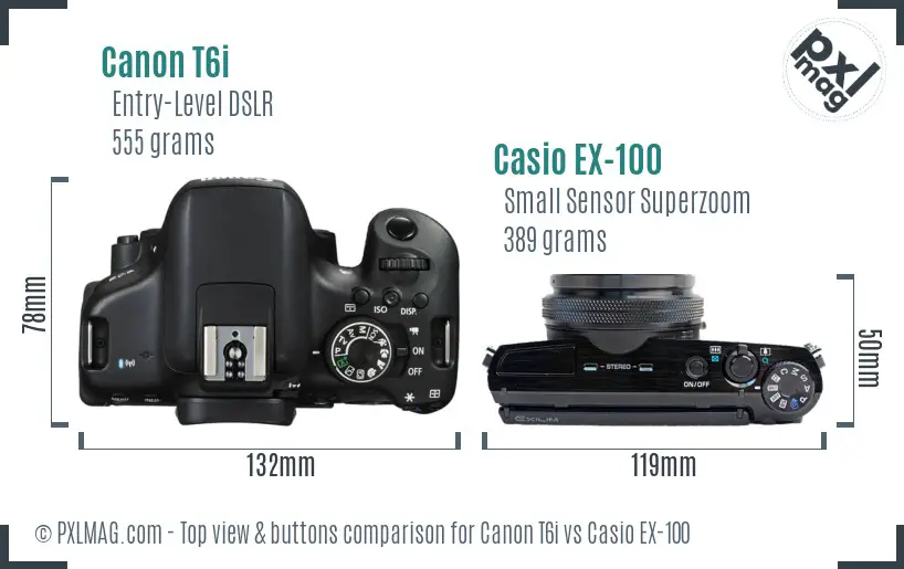 Canon T6i vs Casio EX-100 top view buttons comparison