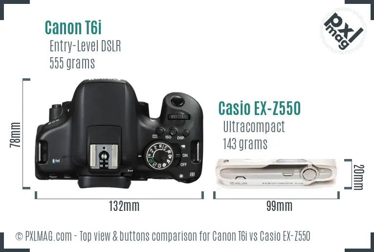 Canon T6i vs Casio EX-Z550 top view buttons comparison