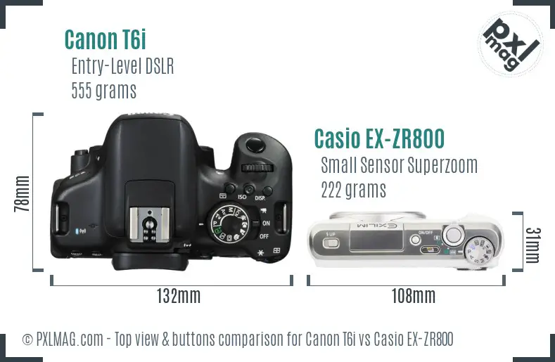Canon T6i vs Casio EX-ZR800 top view buttons comparison
