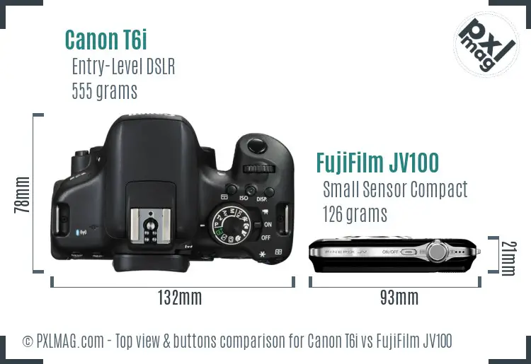 Canon T6i vs FujiFilm JV100 top view buttons comparison