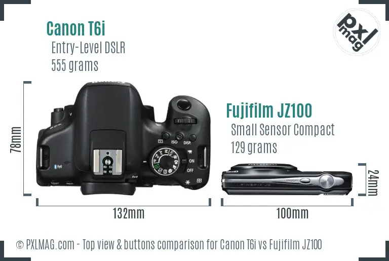 Canon T6i vs Fujifilm JZ100 top view buttons comparison