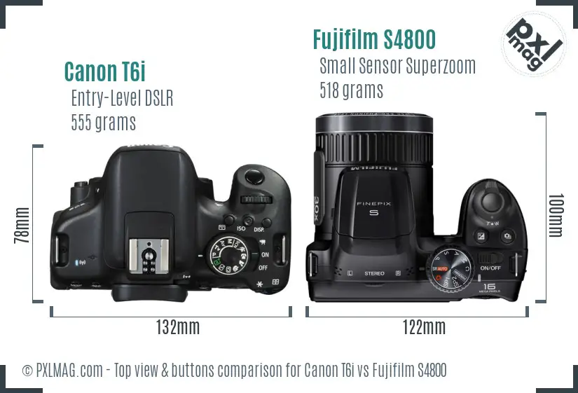 Canon T6i vs Fujifilm S4800 top view buttons comparison