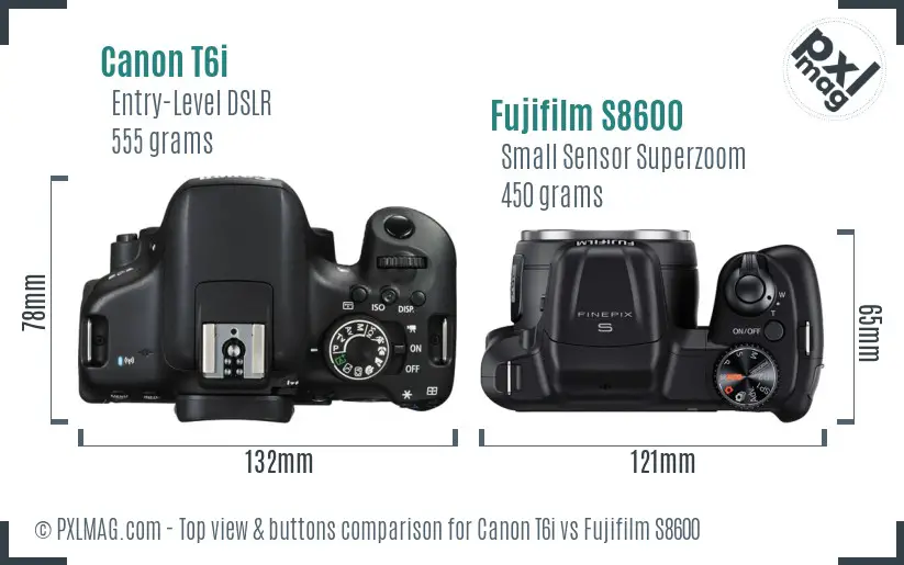 Canon T6i vs Fujifilm S8600 top view buttons comparison