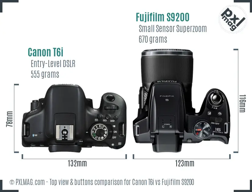 Canon T6i vs Fujifilm S9200 top view buttons comparison