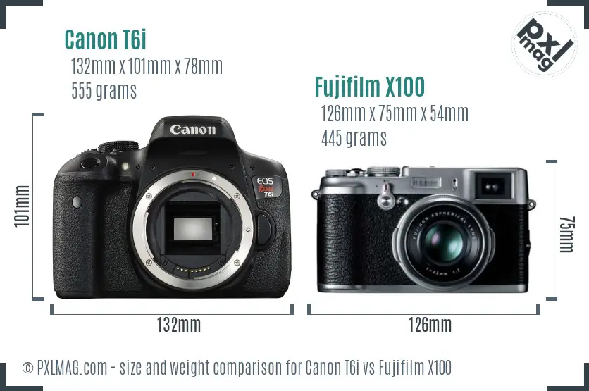 Canon T6i vs Fujifilm X100 size comparison