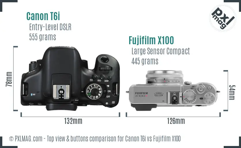 Canon T6i vs Fujifilm X100 top view buttons comparison