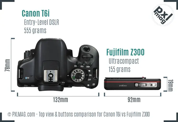 Canon T6i vs Fujifilm Z300 top view buttons comparison Canon T6i vs Fujifilm Z300 top view buttons comparison