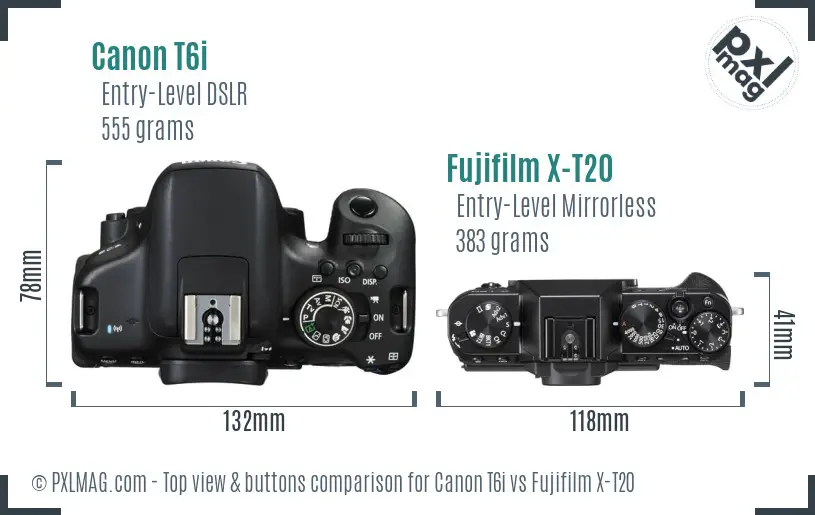 Canon T6i vs Fujifilm X-T20 top view buttons comparison Canon T6i vs Fujifilm X-T20 top view buttons comparison