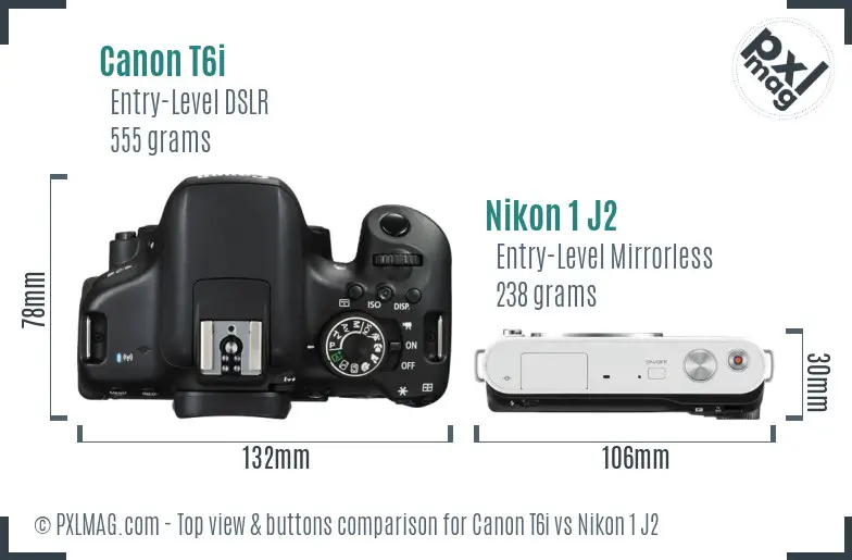 Canon T6i vs Nikon 1 J2 top view buttons comparison