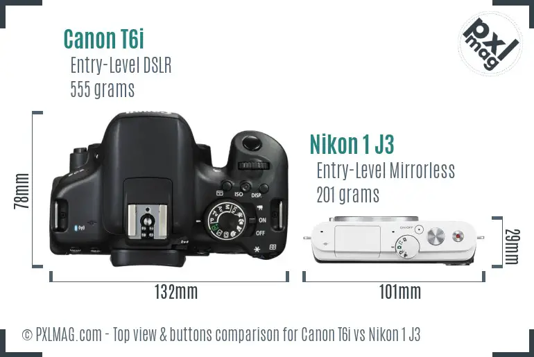 Canon T6i vs Nikon 1 J3 top view buttons comparison
