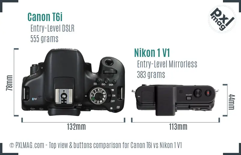 Canon T6i vs Nikon 1 V1 top view buttons comparison Canon T6i vs Nikon 1 V1 top view buttons comparison