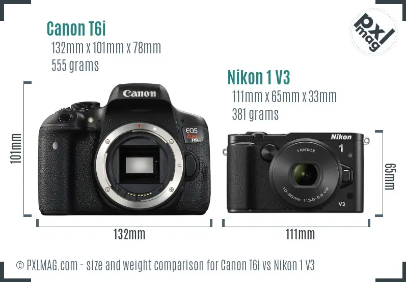 Canon T6i vs Nikon 1 V3 size comparison Canon T6i vs Nikon 1 V3 size comparison