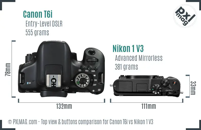 Canon T6i vs Nikon 1 V3 top view buttons comparison Canon T6i vs Nikon 1 V3 top view buttons comparison